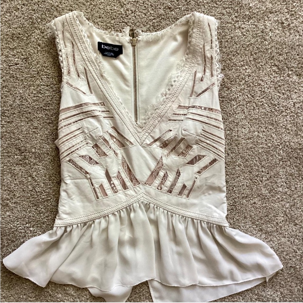 Bebe Top Bebe White Cream leather and lace white sleeveless top full zip back XS